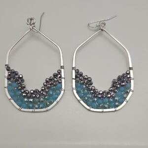 Silver and Blue Beaded/Crystal Hoop Earrings